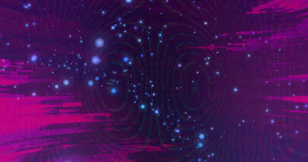 Image of pink lights moving over glowing blue spots on black background. movement, energy and form,...