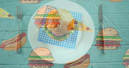 Image of illustration with hot dogs and hamburgers over hamburger on plate. fast food and lifestyle concept digitally generated image.の写真素材