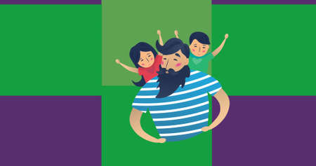 Image of illustration of happy father playing with son and daughter on shoulders. family, love, health and togetherness concept digitally generated image.の写真素材