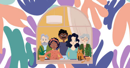 Image of illustration of happy multi generation biracial family at home, with leaf shapes. family,...