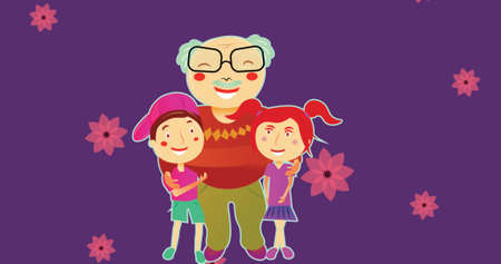 Image of illustration of happy grandfather hugging grandson and granddaughter, with pink flowers. family, love, health and togetherness concept digitally generated image.の写真素材