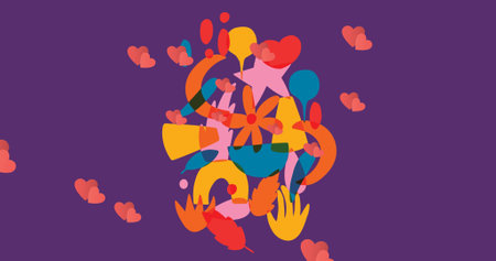 Image of illustration of exotic colourful leaf shapes with red hearts moving on purple. nature,...