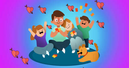 Image of illustration of happy parents playing cards with son, daughter and dog, with hearts. family, love, health and togetherness concept digitally generated image.の写真素材
