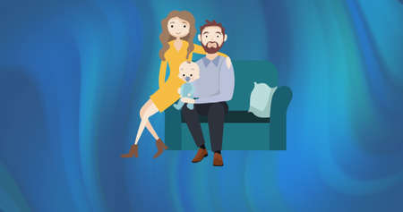Image of illustration of happy parents sitting holding baby on blue and green background. family, love, health and togetherness concept digitally generated image.の写真素材