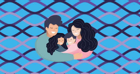 Image of illustration of happy parents hugging son and daughter, over wavy lines on blue. family, love, health and togetherness concept digitally generated image.の写真素材