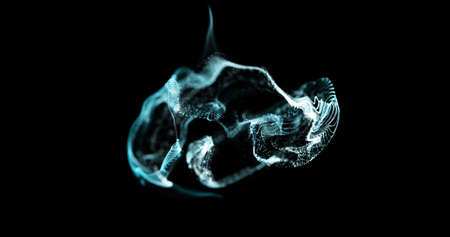 Image of white and blue particles and liquids moving on black background. movement, and energy, abstract interface background concept digitally generated image.の写真素材