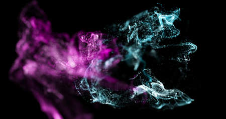 Image of pink and blue particles moving on black background. movement, energy and colour, abstract...