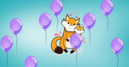 Image of illustration of happy parent and young fox embracing, with purple balloons, on blue. family, love, health and togetherness concept digitally generated image.の写真素材