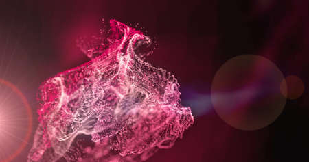Image of pink and red particles moving with bokeh lights on black background. movement, energy and...
