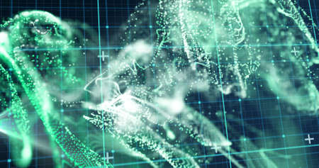 Image of green and white particles moving and blue grid on black background. movement, energy and...