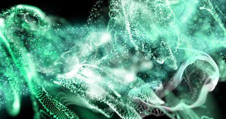 Image of green and white particles moving on black background. movement, energy and technology, abstract interface background concept digitally generated image.の写真素材