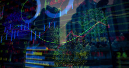 Image of statistics over fireworks and buildings. global finance, business and new year's eve celebration concept digitally generated image.の写真素材