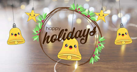 Image of happy holidays text and bells over christmas decorations. christmas, winter, tradition and...