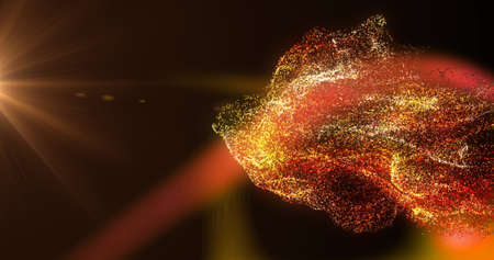 Image of white, red and orange particle clouds and red light moving on black background. movement,...