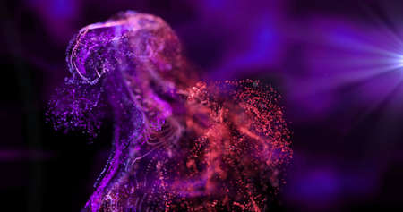 Image of red and pink particles moving in purple light on black background. movement, energy and...