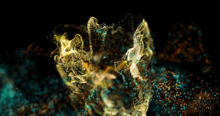 Image of white, blue and orange particle clouds moving on black background. movement, energy and form, abstract interface background concept digitally generated image.の写真素材