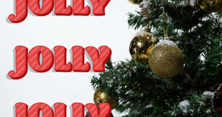 Image of jolly text in repetition over christmas tree. christmas, winter, tradition and celebration concept digitally generated image.の写真素材