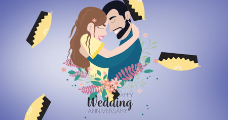 Image of illustration of wedding anniversary text and couple embracing, with flowers and cakes. marriage, love, health and togetherness concept digitally generated image.の写真素材