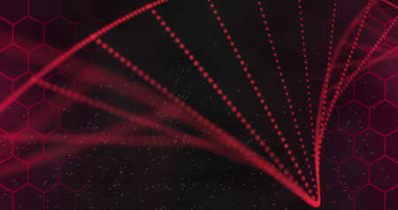 Image of red particles moving to form twisting grid on black background. movement, energy and form, abstract interface background concept digitally generated image.の写真素材