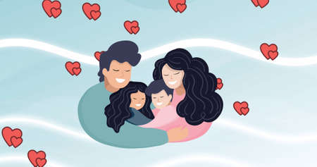 Image of illustration of smiling parents and children hugging with red hearts. family, love and togetherness concept digitally generated image.の写真素材