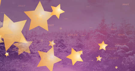 Image of jolly text and falling gold stars over snow covered christmas trees in field. christmas, tradition and celebration concept digitally generated image.の写真素材