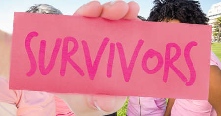 composition of pink ribbon logo and breast cancer text over diverse group of women. breast cancer positive awareness campaign concept digitally generated image.の写真素材