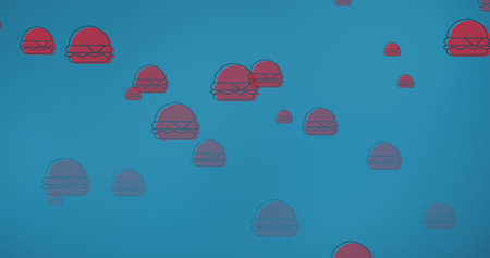 Digital composite image of red american hamburger sandwiches against blue abstract background. multiple image, fast food and creativity.の写真素材