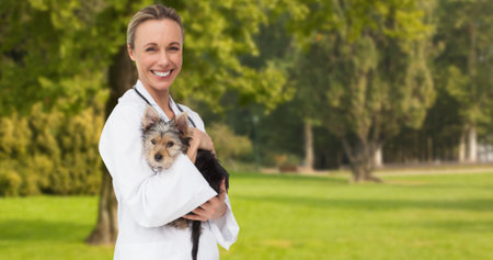 Portrait of smiling female veterinarian with yorkshire terrier standing at park. digital composite, pets and animal health.の写真素材