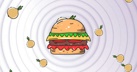 Image of cheeseburger and falling onions over concentric grey circles. food and nutrition concept digitally generated image.の写真素材