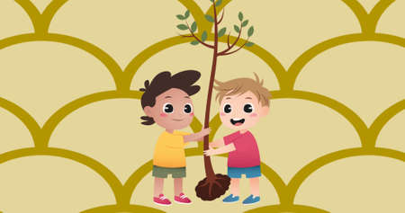 Image of illustration of two happy boys planting tree, over scrolling gold curve pattern. nature, childhood, friendship and celebration concept digitally generated image.の写真素材