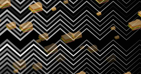 Image of falling sandwiches over moving grey zigzag lines on black background. food and nutrition concept digitally generated image.の写真素材