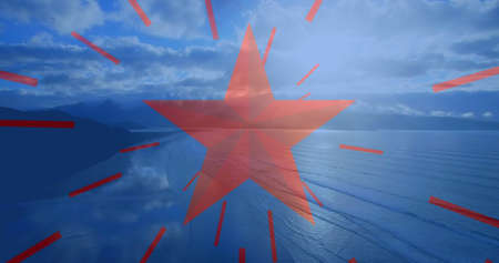 Image of red stripes and star, american flag elements over ocean and blue sky. patriotism,...