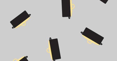 Image of illustration of black cooking pots falling on grey background. domestic life abstract...