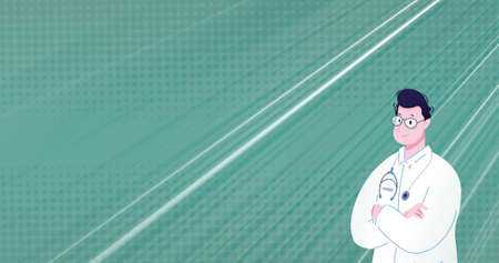 Image of doctor icon over light trails on green background. medical and healthcare services communication technology concept digitally generated image.の写真素材