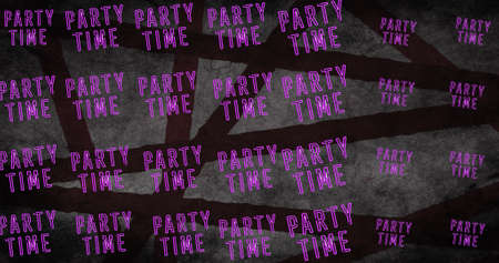 Image of party time text in purple letters in repetition over grey pattern. vintage communication, music, party, colour and movement concept digitally generated image.の写真素材