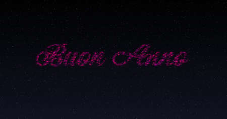 Image of happy new year greetings in shimmering pink letters and fireworks. new year's eve...
