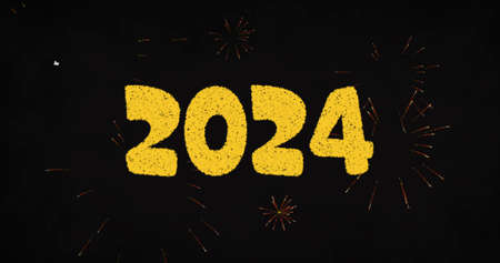 Image of 2024 and yellow fireworks exploding on black background. new year's party celebration...