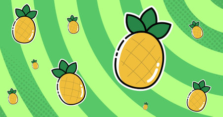 Image of pineapples on moving background of green concentric stripes. food and nutrition concept digitally generated image.の写真素材