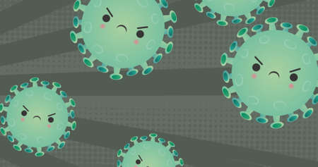 Image of falling covid 19 cells over grey back grounds. global covid 19 pandemic concept digitally generated image.の写真素材
