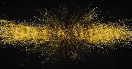 Image of new year's eve greetings and yellow fireworks exploding on black background. new...
