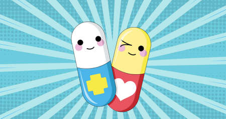 Digital image of two medical pills icons against blue radial background. medical and healthcare conceptの写真素材