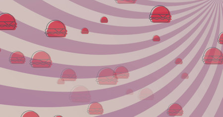 Image of red hamburgers falling over rotating pink and white radiating stripes. food and nutrition concept digitally generated image.の写真素材