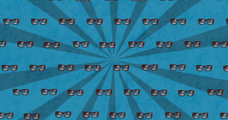 Image of sunglasses in repetition over stripes on blue background. vintage communication, music, party, colour and movement concept digitally generated image.の写真素材