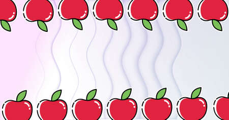 Image of rows of red apples at top and bottom moving over wavy lines on pastel pink background. food and nutrition concept digitally generated image.の写真素材