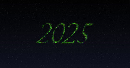 Image of 2025 in shimmering green letters and fireworks. new year's eve tradition and...