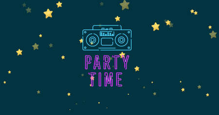 Image of party time text over stars. social media and communication interface concept digitally generated image.の写真素材
