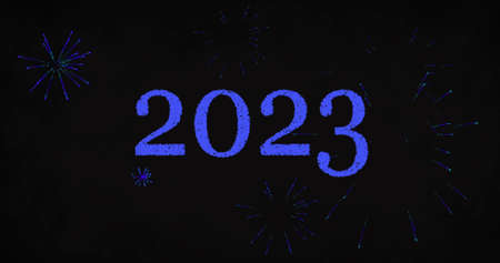Image of 2023 and blue fireworks exploding on black background. new year's party celebration...