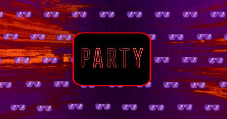 Image of moving party text in neon letters over neon frame and sunglasses in repetition. vintage music, party, communication, colour and movement concept digitally generated image.の写真素材
