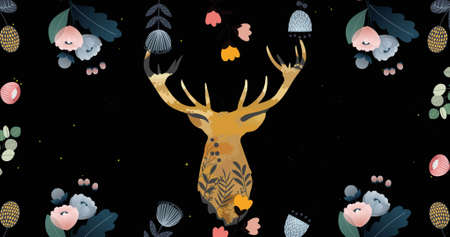 Image of flowers and stag head design on black with falling snow. christmas, new year, celebration, party and event concept digitally generated image.の写真素材