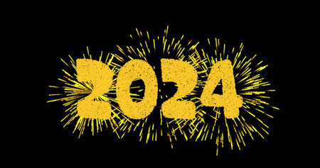 Image of 2024 text in gold with yellow new year fireworks exploding in night sky. christmas, new year, celebration, party and tradition concept digitally generated image.の写真素材